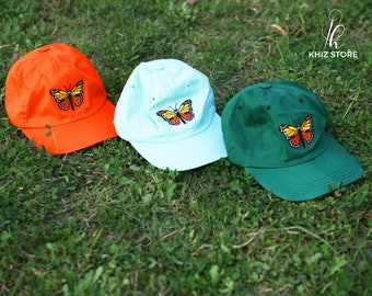 Butterfly Hats, Embroidered Monarch Butterfly Vintage Caps, Easily Adjustable Snapback Caps, Cute Couple Matching Camping Hats, Gift For Her