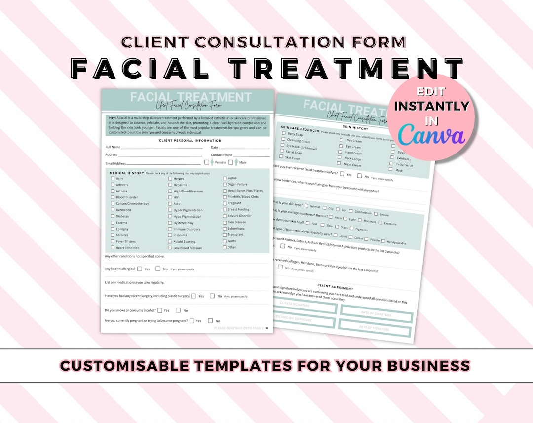 EDITABLE Facial Consultation Form, Client Intake Form,beauty Salon ...