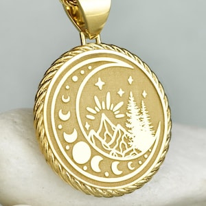 Sterling Silver Crescent Moon Necklace, Mountain Pendant, Nature Jewelry, Night Sky Charm,  Moon Phases Pendant, Celestial Medallion