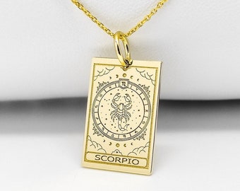 14K Solid Gold Scorpio Zodiac Sign Necklace, Gold Horoscope Tarot Card, Birth Scorpio Jewelry, Personalized Scorpio Tarot Zodiac Sign Charm