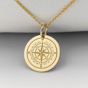 14K Solid Gold Compass Necklace, Gold Coin North Star Compass Pendant, Personalized Compass Jewelry, Delicate Compass Charm, Traveler Gift