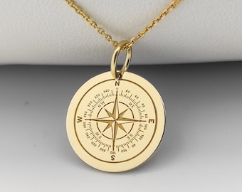 14K Solid Gold Compass Necklace, Gold Coin North Star Compass Pendant, Personalized Compass Jewelry, Delicate Compass Charm, Traveler Gift