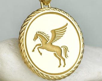 Sterling Silver Pegasus Pendant, Winged Horse Necklace, Engraved Charm