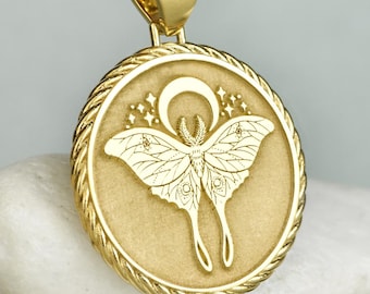 Sterling Silver Moth Coin Necklace, Gold Rope Pendant, Engraved Gothic Insect Jewelry, Nature Gold Disc Charm, Personalized Gift For Women
