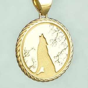 14K Gold Wolf Pendant, Round Rope Charm, Engraved Howling Wolf Necklace, Symbol Of Strength Jewelry, Protection Charm, Animal Lover Gift