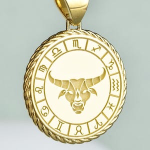 14K Gold Taurus Pendant Necklace, Zodiac Sign Jewelry Gift, Astrology Taurus Charm, Personalized Gold Celestial Necklace, Earth Sign Medal
