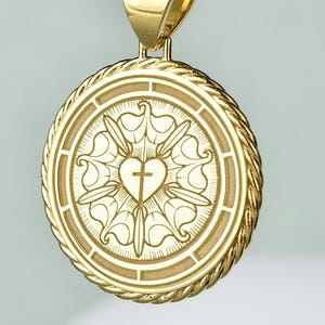 14K Gold Luther Rose Coin Necklace, Round Rope Pendant, Personalized Gold Luther Rose Charm, Lutheran Cross Jewelry, Religious Gift Charm
