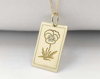 14K Gold Violet Flower Necklace, Engraved Birth Flower Pendant