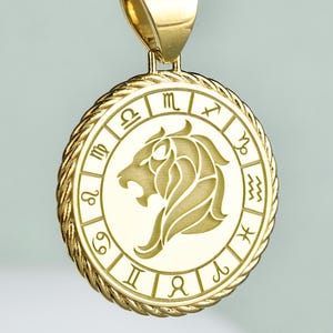 14K Gold Leo Zodiac Necklace, Round Rope Pendant, Engraved Leo Sign Pendant, Gold Astrological Gift Jewelry, Gold Horoscope Necklace