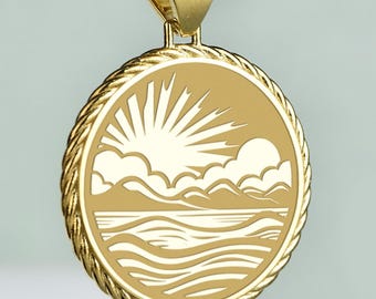 14K Gold Seascape Münze Halskette, graviert Küsten Anhänger, personalisierte Charme