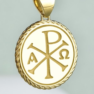 14K Gold Chi Rho Coin Pendant, Round Rope Pendant, Personalized Christianity Gift Jewelry, Gold Protection Gift Jewelry, Religious Gift