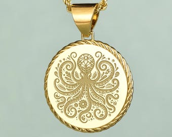 Engraved Octopus Charm Necklace, Sterling Silver, Sea Life Pendant