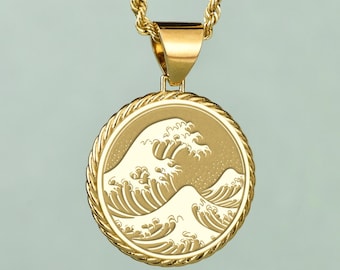14K Gold Beach Wave Anhänger, Runde Charm Halskette, personalisierte Geschenk