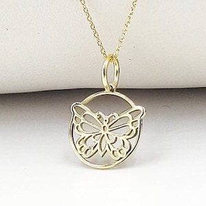 14K Solid Gold Butterfly Disc Necklace, Dainty Butterfly Pendant, Minimalist Jewelry, Gold Butterfly Charm, Layering Necklace, Gift For Her