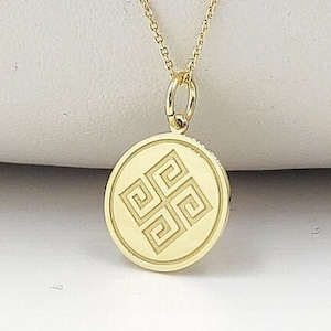 14K Solid Gold Greek Key Necklace, Greek Pendant, Personalized Ancient Greece Jewelry, Gold Key Symbol Disc Charm, Meander Symbol Necklace