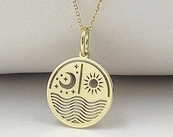 14K Solid Gold Sun and Moon Celestial Necklace