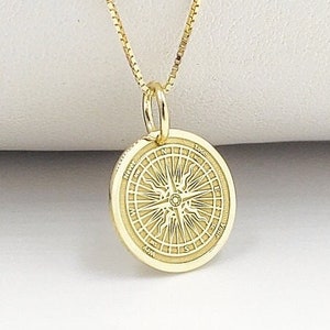 14K Solid Gold Compass Necklace, Navigation Compass Disc Pendant, North Star Compass Jewelry, Dainty Gold Compass Charm, Traveler Necklace