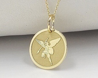 14K Solid Gold Erzengel Michael Anhänger Halskette, religiöser Charme