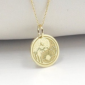 14K Solid Gold Sun Moon Necklace, Yin Yang Pendant, Engraved Nature Jewelry, Yin Yang Sea and Mountain Charm, Yin Yang Sun Moon Necklace