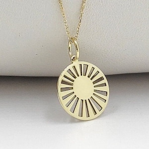 14K Solid Gold Sunburst Necklace, Dainty Gold Sun Pendant, Gold Disc Sunshine Jewelry, Celestial Charm, Sun Necklace, Sunshine Pendant