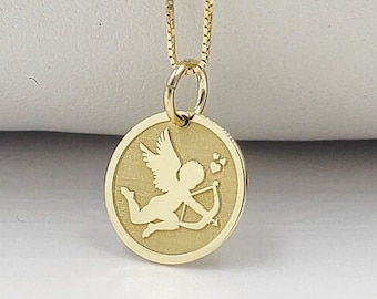 14K Solid Gold Cupid Pendant Necklace, Personalized Angel Charm