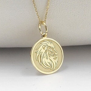 Gold Plated Lion Head Pendant, Lion Necklace, Leo Jewelry,  King Lion Disc Pendant, Sterling Silver Wild Lion Necklace, Wild Animal Charm
