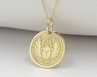 14K Gold Egyptian Scarab Pendant Necklace, Personalized Charm