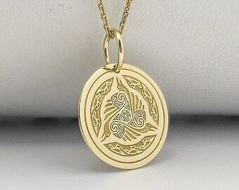 Gold Plated Celtic Ravens Pendant,  Celtic Knot Necklace, Triskelion Jewelry, Engraved Celtic Ravens Charm, Sterling Silver Viking Necklace
