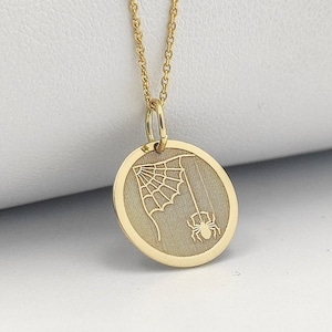 14K Solid Gold Spider Web Necklace, Gold Coin Spider Pendant, Personalized Spider Jewelry, Halloween Necklace, Dainty Spider Web Pendant