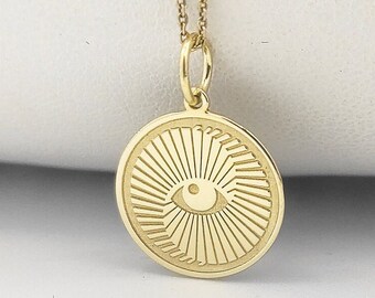14K Solid Gold Eye Pendant, Personalized Third Eye Necklace