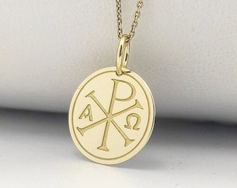Gold Plated Chi Rho Cross Pendant, Cross Necklace, Greek Orthodox Jewelry, Pendant For Protection, Religious Charm, Alpha and Omega Necklace