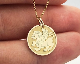 Gold Plated Winged Lion Pendant, Sterling Silver Griffin Necklace