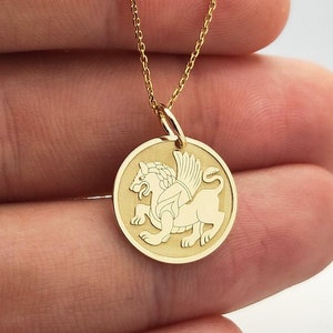 Gold Plated Winged Lion Pendant, Mythology Lion Necklace, Personalized Mythology Jewelry, Griffin Pendant, Sterling Silver Winged Lion Charm