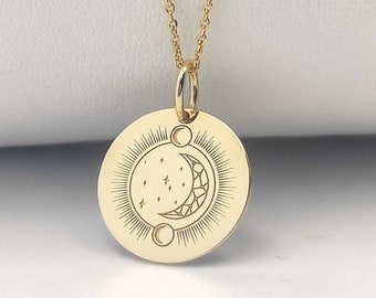Gold Plated Sterling Silver Celestial Necklace, Sun Moon Pendant