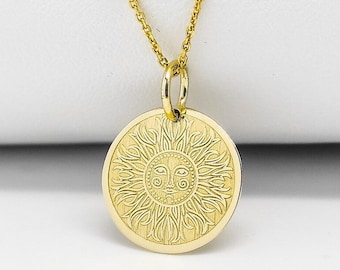 14K Solid Gold Sun Pendant, Personalized Sunshine Necklace
