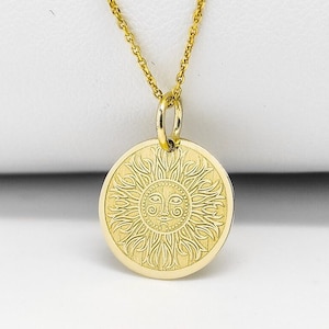 14K Solid Gold Sun Pendant, Personalized Sunshine Necklace, Gold Sun Disc Jewelry, Celestial Charm, Sunburst Pendant, Layered Sun Necklace