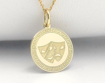 Gold Plated Comedy And Tragedy Masks Pendant, Theater Mask Necklace, Sterling Silver Comedy Tragedy Jewelry, Drama Performing Art Necklace