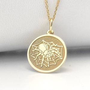 14K Solid Gold Spider Necklace, Gold Coin Spider Pendant, Personalized Spider Charm, Dainty Gold Spider Web Necklace, Halloween Necklace