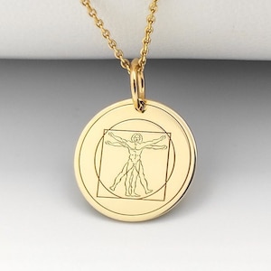 Sterling Silver Vitruvian Man Necklace, Leonardo Da Vinci Pendant, Vitruvian Human Painting Jewelry, Gold Plated  Vitruvian Painting Charm