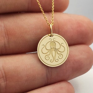 Gold Plated Octopus Necklace, Kraken Disc Pendant, Personalized Sea Animal Charm, Dainty Ocean Necklace, Sterling Silver Octopus Charm