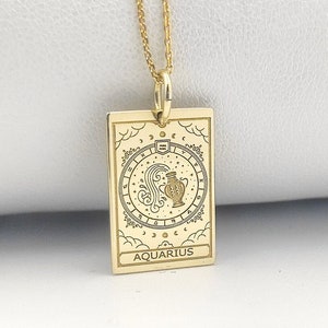14K Solid Gold Wassermann Sternzeichen Halskette, personalisierte Sternzeichen Anhänger, Gold Wassermann Sternzeichen Karte Schmuck, Astrologie Tarot Halskette