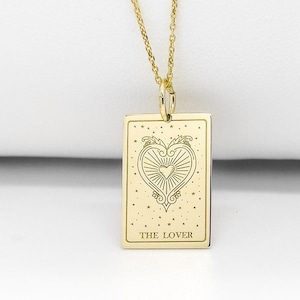 14K Solid Gold Der Liebhaber Halskette, Der Liebhaber Tarot Anhänger, personalisierte Tarot Karte Schmuck, Herz Charm, Liebe Halskette, Tarot Liebhaber Anhänger