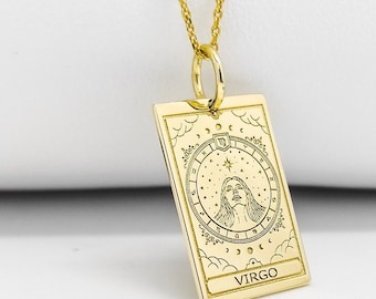 14K Solid Gold Virgo Zodiac Sign Necklace, Personalized Zodiac Sign Pendant, Gold Virgo Zodiac Card Jewelry, Astrology Tarot Necklace