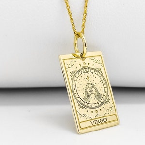 Collar con el signo del zodiaco Virgo en oro macizo de 14 quilates, colgante personalizado con el signo del zodiaco, joyería con la carta del zodiaco Virgo en oro, collar de tarot astrológico