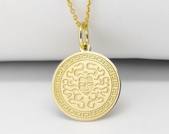 14K Solid Gold Medusa Pendant, Greek Mythology Necklace