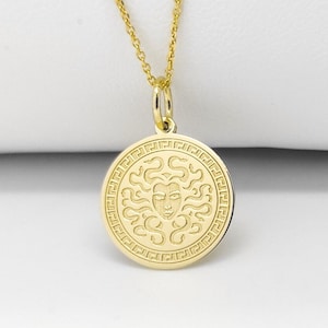 14K Solid Gold Medusa Pendant, Ancient Greek Symbol Necklace, Greek Mythology Jewelry, Dainty Medusa Disc Charm, Medusa Mythology Necklace