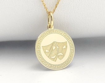14K Solid Gold Comedy Tragedy Mask Pendant, Personalized Theater Jewelry