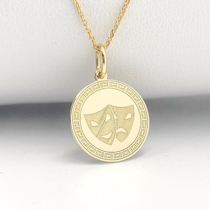 14K Solid Gold Comedy And Tragedy Masks Necklace, Personalized Theater Mask Pendant, Gold Coin Theater Jewelry, Drama Performing Art Pendant