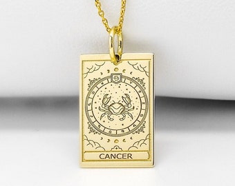 14K Solid Gold Cancer Zodiac Sign Tarot Necklace, Gold Square Cancer Zodiac Sing Pendant, Personalized Zodiac Charm, Zodiac Month Jewelry