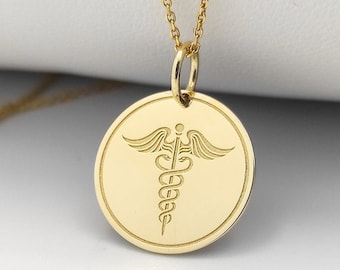 14K Solid Gold Sanitäter Alarm Halskette, personalisierte Notfall Charme